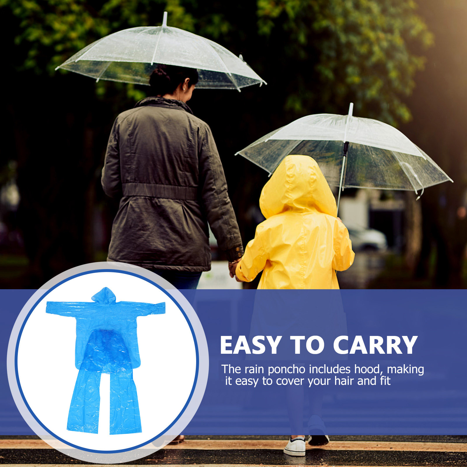 Emergency Poncho Rain - Przezroczysty zestaw płaszcza przeciwdeszczowego z kapturem,